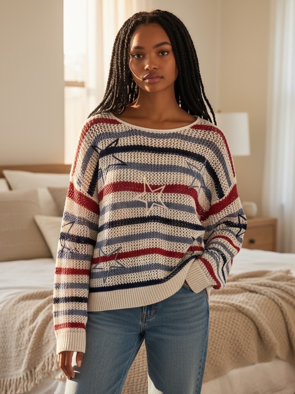 Lou & Grey Striped Star Accent Crewneck Sweater in Cream, Navy & Red